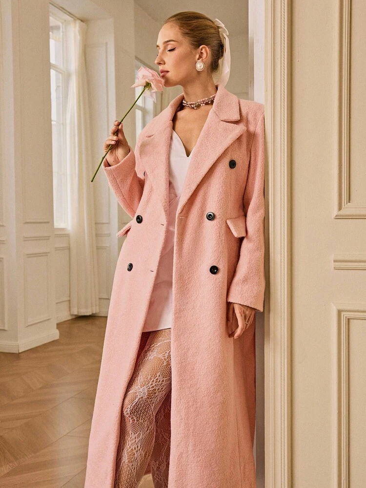 GENKIRA Elegant Vintage-Inspired Double-Breasted Lapel Long Coat