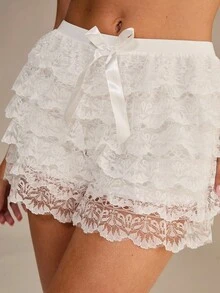Enchnt Women Safety Shorts, Contrast Lace And Layered Ruffles Lingerie - White - View 2