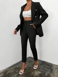 EURMUSE Women's Solid Color Double-Breasted Lapel Long Sleeve Fashion Suit Set - Black - View 3