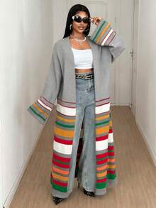 Maweii Plus Size Women Colorblock Striped Long Knitted Cardigan Sweater - Light Grey - View 6