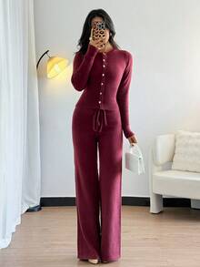 Chiquease 2件套女士百搭简约时尚通勤针织毛衣套装2件套休闲套装女士舒适两件套正式套装 - 酒紅色 - 查看 6