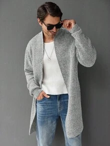 Manfinity Homme Áo khoác cardigan dệt kim dáng rộng, màu trơn, trễ vai, thường ngày cho nam, mùa thu/đông - Màu Xám nhạt - Xem 4