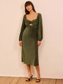 lacRébo 金属光泽卢勒克斯针织长袖中长连衣裙，前胸扭纹细节，适合派对秋冬 - 黑金色 - 查看 7