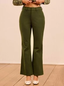 lacRébo Dark Green Cord Highwaisted Flare Trouser Spring Summer Olive Green Pants Pants Flare Leg Green Pants For Women Winter Office Outfits Business Casual Outfits - Green - View 1