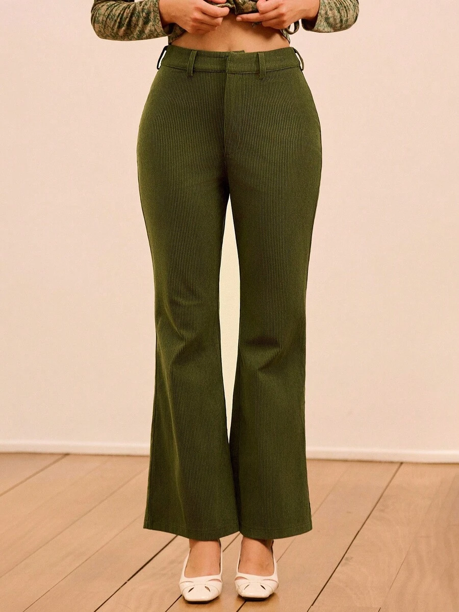 lacRébo Dark Green Cord Highwaisted Flare Trouser Spring Summer Olive Green Pants Pants Flare Leg Green Pants For Women Winter Office Outfits Business Casual Outfits - Green - View 1