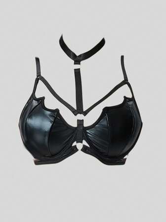 Goth Reggiseno gotico punk in PU con cerchi in acciaio a forma di pipistrello alieno per donne