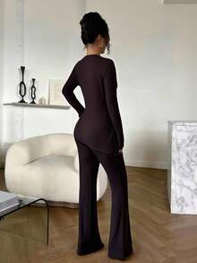 Siren Gaze Elegant Fall Clothes For Women, Autumn Winter Clothes 2025 New Luxury Old Money Style Ribbed Metal Decor Slim Fit Long Sleeve T-Shirt And Pants 2 Pieces Set, Casual Work Commute Outfits, Suitable For Halloween Christmas New Year Thanksgiving, Featuring Sequin-Like Chic Detail (Metal Decor), Inspired Slim Fit, Elegant & Casual & Luxury Style, Perfect Fall Outfits For Women, Autumn Outfits For Women, Winter Women Essential,Cozy Fall And Winter Clothes For Women Set Women Modest Two Piece Set Long Brown Spring - Brown - View 7