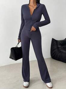 Celisse Damen Einfarbige Langarm Reißverschluss Kapuzenjacke und weite Hose Lässig 2 Stücke Set, Herbst - marineblau - Übersicht 6