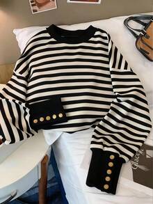 GlowEve Women's Casual Loose Fit Striped Crew Neck Pullover Sweatshirt, Home Wear, Metal Button Cuff Design