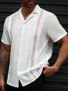 Manfinity Homme Áo sơ mi nam tay ngắn dệt chắp vá cỡ lớn, đơn hàng khuy, đối xứng, xếp ly đôi, thường ngày, đi nghỉ, dự tiệc, văn phòng, tiệc tối, phong cách đa năng, quà tặng lý tưởng cho bạn trai hoặc chồng - trắng - Xem 5