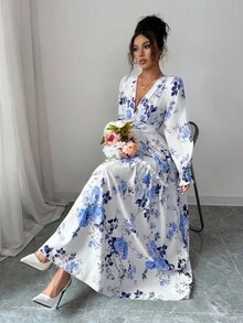 Elenzga 女式碎花灯笼袖中长连衣裙，法式浪漫设计，修身腰身，性感V领，适合约会、派对，可与夹克叠穿 - 藍色 - 查看 5