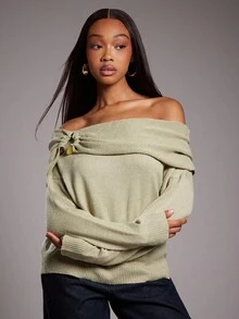 NYA SZN Top Long Sleeve Fold Over Metal Detail Loose Oversized Knit Knitwear Sweater Everyday Casual Modest Office Teacher Back To School Old Money Church Fall Winter Suitable For Commuting Thanksgiving Christmas NYE New Years Eve Outfits For Women