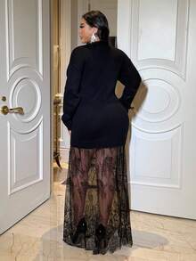 NU&NOW 大码女式优雅针织连衣裙，圆领，长袖，蕾丝下摆，秋冬 - 黑色 - 查看 3