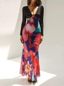 Almamuse Women's Tie-Dye Lace Mesh Patchwork Sexy Dress Sheer Dress Women See Through Dress Multicolor Dress Deep V Dress Tie Dye Dress - Multicolor - View 8
