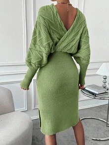 EMERY ROSE Vestido de punto con mangas de murciélago, bajo dividido y envolvente, conjunto de dos piezas de punto, conjunto de suéter y falda, conjunto de dos piezas de invierno - Verde - Ver 2