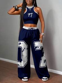 Slaydiva 2pcs/Set Women Casual Street Style Tight Camisole And Loose Pants Suit, Suitable For Street Wear