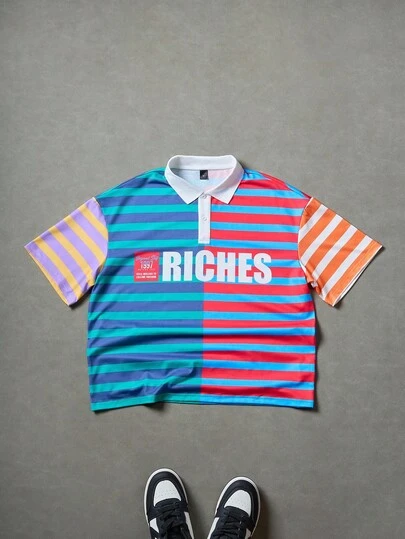 Manfinity Campus Court Färgglad randig kortärmad pikétröja för män