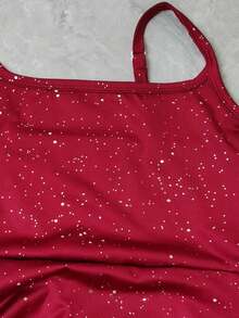 青少年女孩优雅奢华时尚无袖腰部收紧高腰合身荷叶边下摆金属面料酒红色连衣裙，女孩毕业舞会、圣诞派对礼服，女孩表演服 - 酒紅色 - 查看 4