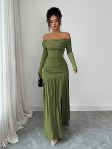 Elenzga 女式复古优雅露肩修身长袖针织连衣裙，秋冬装，万圣节 - 軍綠色 - 查看 3