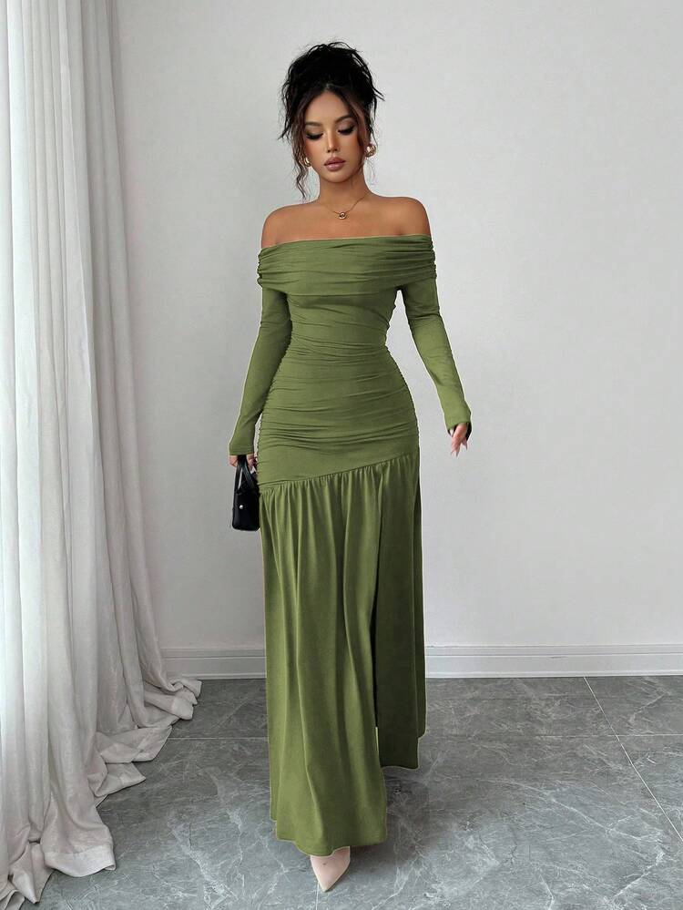 Elenzga Vestido de punto ajustado de manga larga con hombros descubiertos, elegante y vintage, para otoño/invierno, Halloween - Verde militar - Añade 3