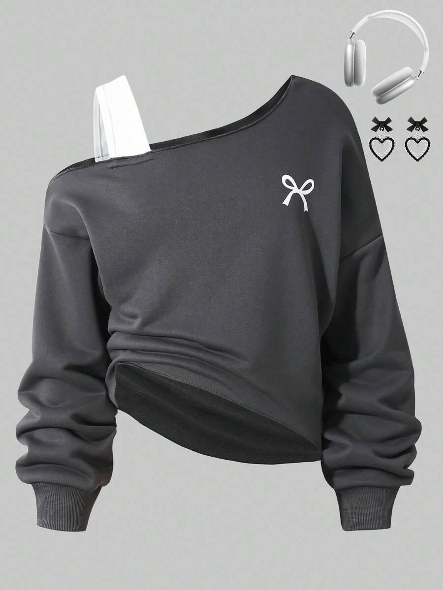 Sparklyn 少女蝴蝶结印花不对称露肩不对称下摆休闲卫衣 - 深灰色 - 查看 1