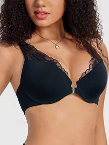 SHEIN 1pc Women's Solid Color Lace Patchwork Front Closure Underwire Bra - Black - View 3