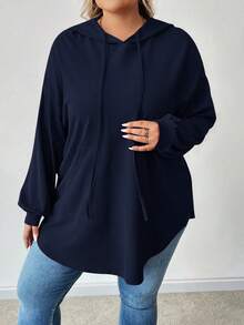 SHEIN CURVE+ 大码纯色连帽抽绳不对称下摆运动衫女士秋冬装 - 藏蓝色 - 查看 4