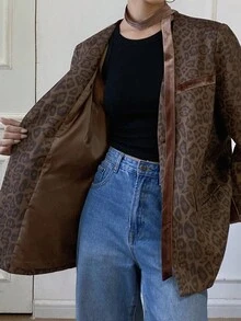 Livesso Blazer holgado de terciopelo con estampado de leopardo para mujer, atuendo de negocios de otoño - Café integral - Ver 7