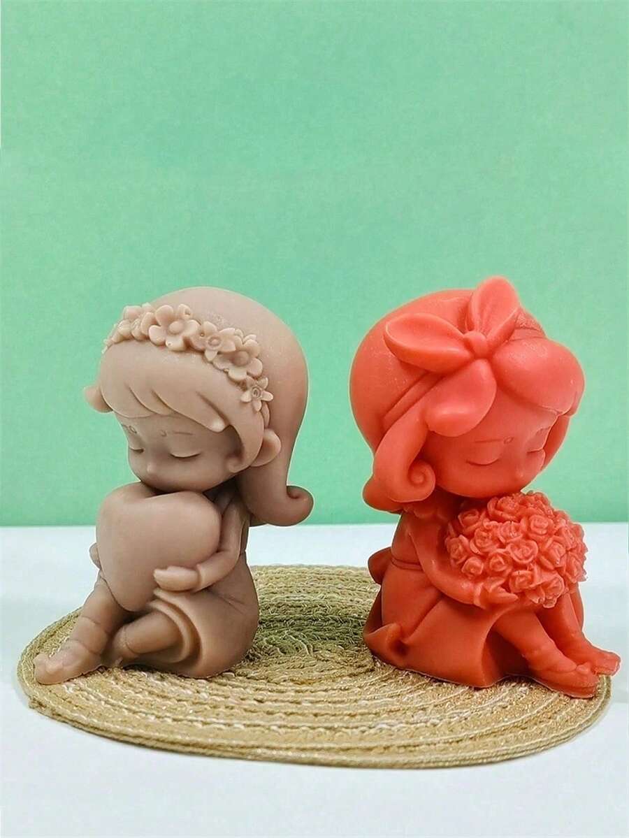 2件套 3D玫瑰心形女孩蜡烛硅胶模具 DIY小女孩祈祷坐姿公主摆件 手工香薰蜡烛石膏树脂模具 情人节家居装饰礼物 - 彩色 - 查看 1