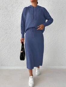 SHEIN Cottnline Women's Solid Color Drawstring Hooded Sweater And Knitted Skirt Two-piece Set - Dusty Blue - View 4