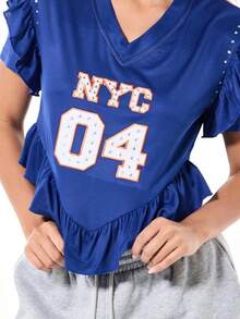 SUMWON WOMEN 荷叶边运动衫短款上衣 纽约学院风运动魅力个性学生俱乐部装休闲女性化设计荷叶边袖子节日时尚 - 藍色 - 查看 6