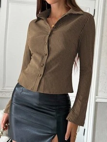 SHEIN PETITE 优雅灰色条纹翻领衬衫，修身款，休闲美式女式衬衫 - 鏽棕色 - 查看 4