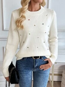 SHEIN LUNE Casual Rhinestone Decor Crew Neck Sweater, Autumn/Winter - Beige - View 5