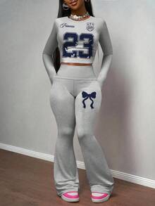 Slaydiva 女士秋装/女士冬装/两件套西装/喇叭牛仔裤/长袖上衣/休闲圆领长袖瑜伽裤短款百褶上衣瑜伽阔腿裤喇叭裤女士两件套西装/Y2k 服装/街头服饰/女士外出上衣/NO.23 和蝴蝶结图案 - 淺灰色 - 查看 5