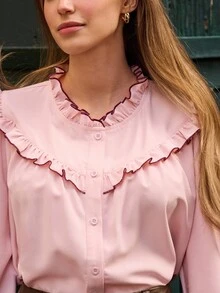 lacRébo Pastel Pink Blouse With Contrast Seam Ruffle Detail And Long Sleeves Spring Women Clothes Spring Outfits Spring Women Clothes Spring Summer Office Top Business Casual Top - Baby Pink - View 3