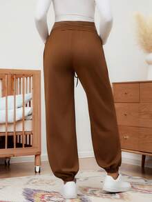 SHEIN Pantalones de chándal holgados de maternidad de unicolor con cordón ajustable en la cintura - Marrón - Ver 2