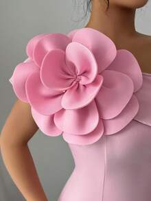 Modelyn Plus Size Women's Romantic Pink 3D Rose Shoulder Decor Asymmetric Long Sleeve Dress, Suitable For Gala, Party, Evening Events