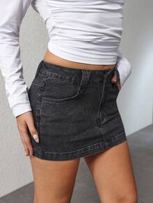 SHEIN PETITE Women's Casual Slant Pocket Mini Denim Skirt, Autumn - Black - View 5