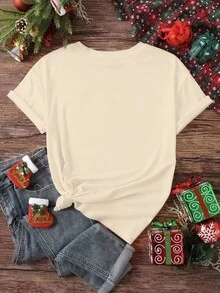 Christmas Reindeer & Santa Claus Graphic Print Basic Red Short Sleeve T-Shirt, Versatile Women's Fashion Creative Cute Christmas Outfit, Suitable For Christmas Party And Going Out