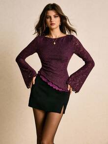 Poéselle Floral Lace Fluted-Sleeve Blouse – Asymmetric Lettuce-Hem Slim Fit Top,Women's Elegant Commuter Solid Color Lace Flare Sleeve T-Shirt,Lace Top Women, Burgundy Lace Blouse, Bell Sleeve Top, Lettuce Hem Shirt, Romantic Date Night Outfit, Fairycore Fashion, Quiet Luxury Top, Fall Evening Blouse, Going Out Top, Elegant Long Sleeve Shirt Purple Tops For Women Purple Lace Top Lace Long Sleeve Top