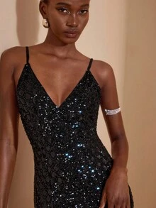 JIAN LASALA Vestido de fiesta con escote en V, tirantes de espagueti, estampado de lentejuelas, malla, bajo de cola de sirena, vestido corto sexy negro con lentejuelas, vestido midi con lentejuelas brillantes, vestido de cóctel brillante, vestido con brillo, vestido midi sin mangas negro con lentejuelas, vestido brillante, vestido de cóctel midi con lentejuelas, vestido de lentejuelas, colección de ropa de lujo y elegante - Negro - Ver 5