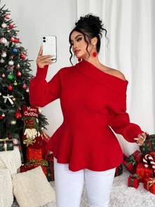 Elenzga Plus Size Asymmetric Collar Cinched Waist Christmas Red Sweater - Grey - View 6