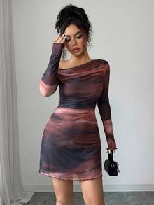 Firerie Women's Elegant Minimalist Daily Commute Tie-Dye Print Mesh Long Sleeve Bodycon A-Line Mini Dress, Autumn/Winter New Year Clothes - Multicolor - View 4
