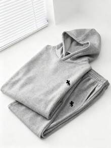 Chillumni Men Classic Grey Horse Print Loose Casual Grey Thermal Lined Hoodie And Sweatpants Sportswear Sweatsuit Set, Cozy Outfits, Fall/Winter Clothes