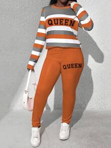 BamGleam Conjunto de 2 peças de blusa e calça de manga comprida com estampa de gola redonda listrada feminina, outono