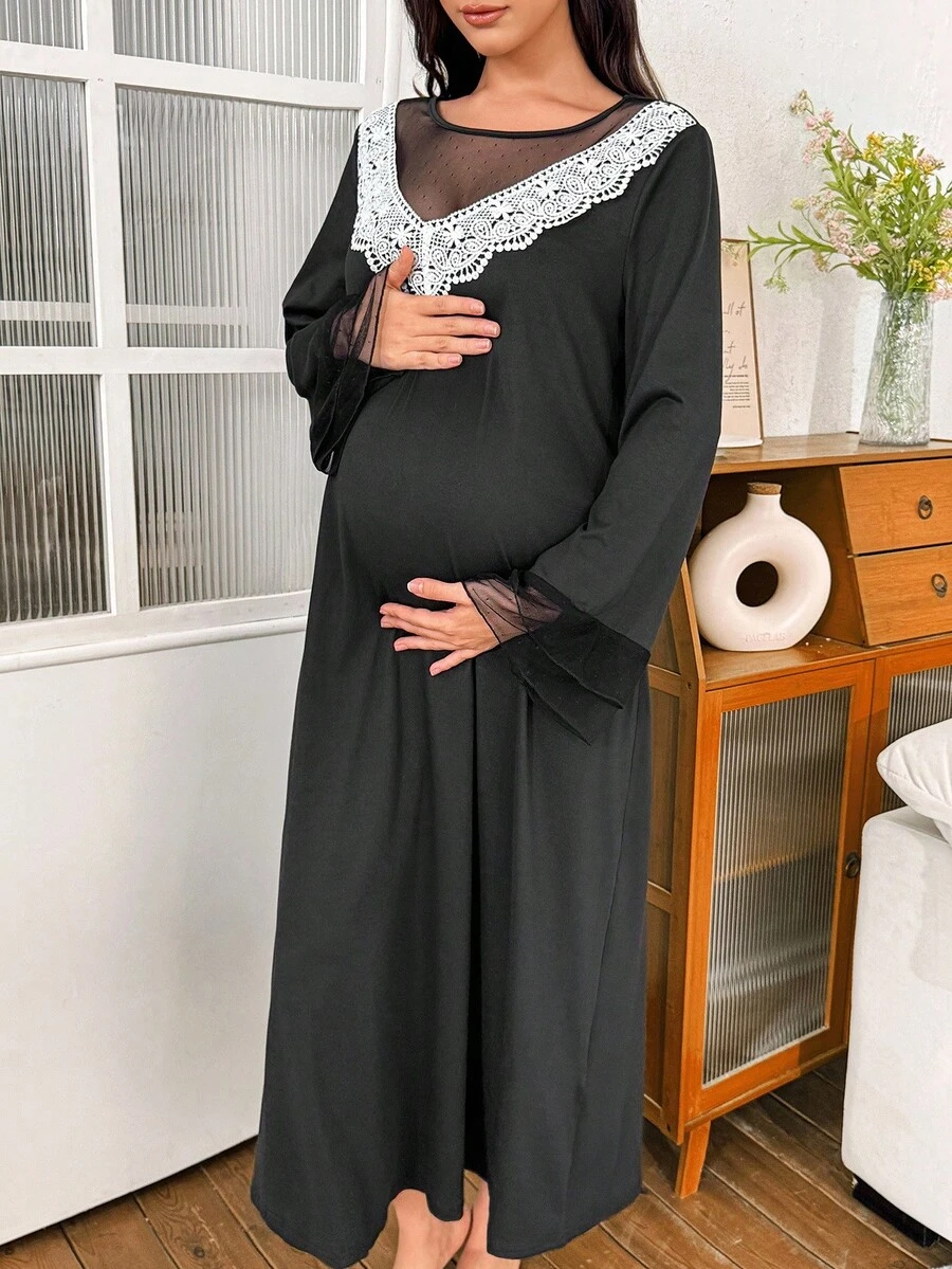 Moonlight & Mama Women's Casual Contrast Color Lace Sheer Mesh Patchwork Long Sleeve Maternity Nightgown, Winter
