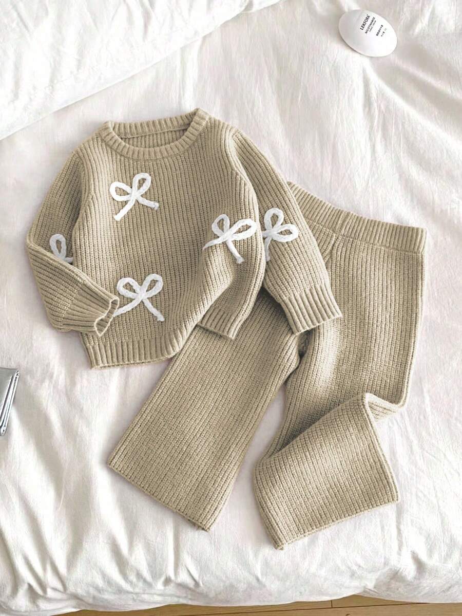 Genkimix Kids New Fashionable Versatile Sweaters Clothes Autumn And Winter Clothes Cute Bow Knit Sweater & Flare Pants 2-Piece Set Sweater Sets Girls Knit Set Winter Sets Girls Ribbed Set Two Pieces Pants Set Girl Knit Set Girls Sweater Sets Girls Suit Set Girls Spring And Autumn Suit Long Sleeve Set Girl Warm Sets Two Pieces Winter Outfits For Young Girls' Trouser Suit - Apricot - View 1