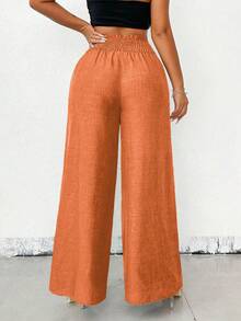 Breezaya Women's Casual Metal Chain Embellished Wide Leg Loose Pants, Autumn Linen Khaki Trousers Fall Cloth For Women - Orange - View 2