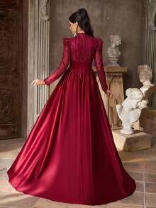 Aureia 优雅奢华酒红色亮片刺绣缎面立领长袖透明超长正式晚礼服 - 酒紅色 - 查看 4