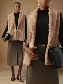 Vesra Women's Elegant Sleeveless Jacket With Lamb Fur Collar And Button Closure - Khaki - View 1